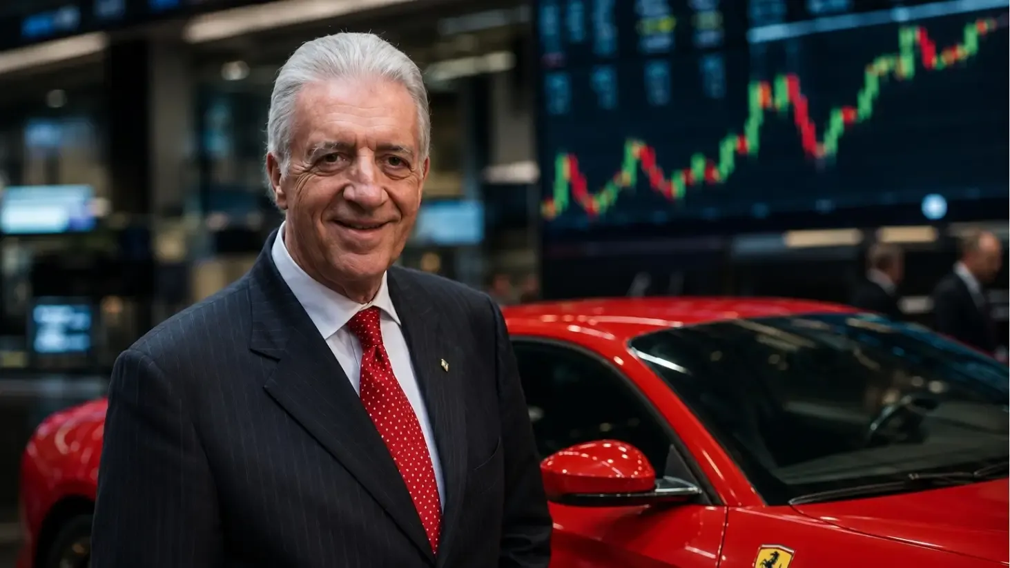 Ilustração de Piero Ferrari ao lado de um carro esportivo vermelho, com gráfico do mercado financeiro ao fundo.
