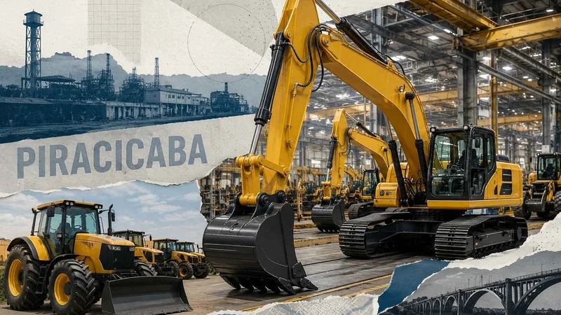 Colagem com escavadeiras, tratores e linha de produção industrial, com referência a Piracicaba, em São Paulo.