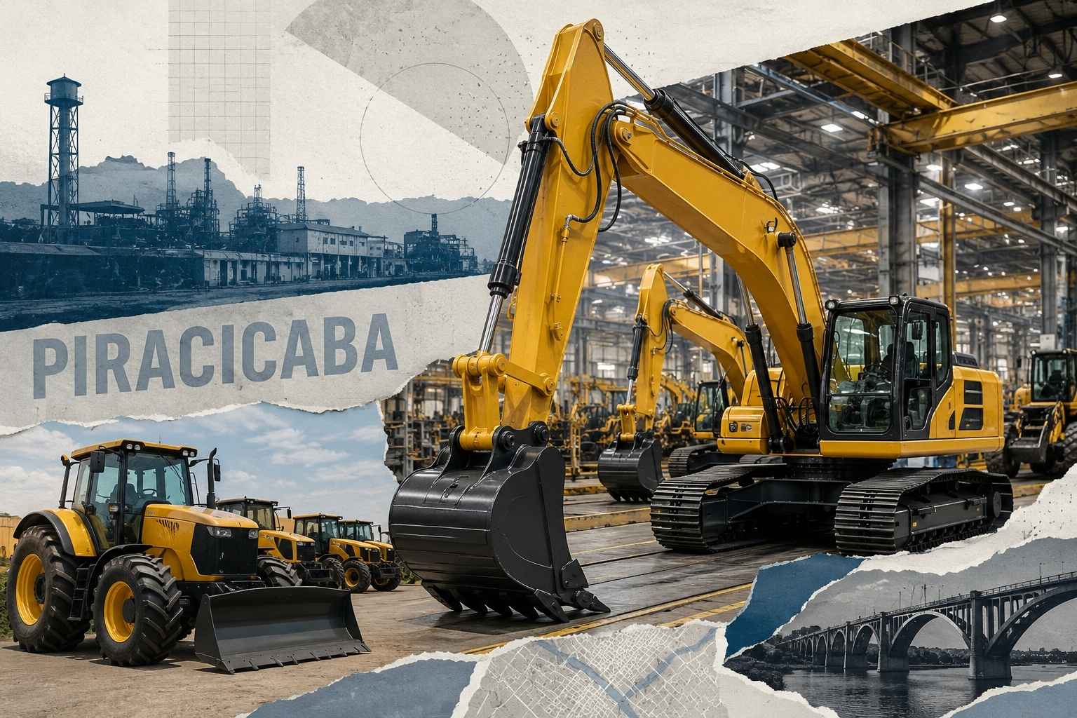 Colagem com escavadeiras, tratores e linha de produção industrial, com referência a Piracicaba, em São Paulo.