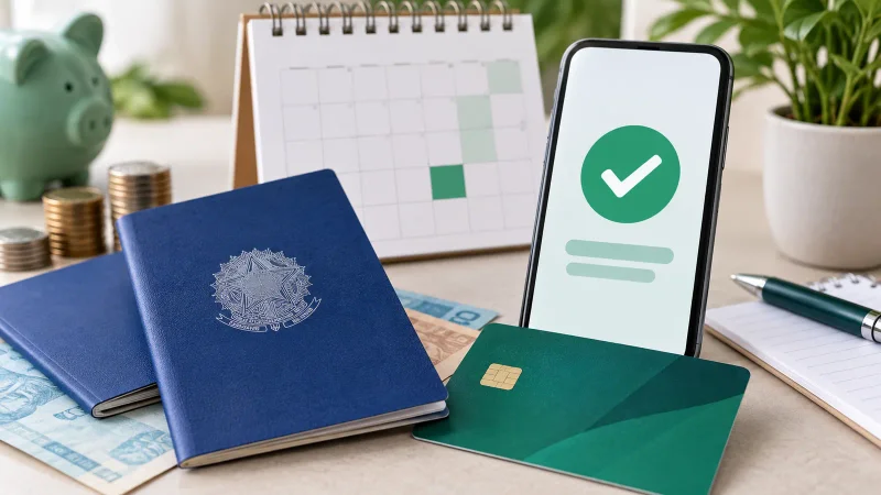 Carteira de trabalho, calendário e dinheiro em composição minimalista sobre PIS/Pasep