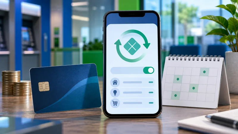 Celular, cartão bancário e calendário representam o Pix Automático em contas-salário