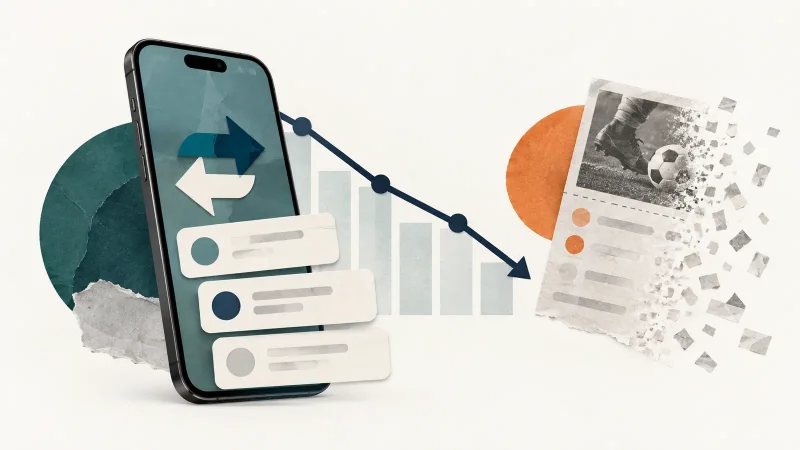 Colagem editorial com celular, pagamentos digitais, gráfico descendente e bilhete esportivo se desfazendo