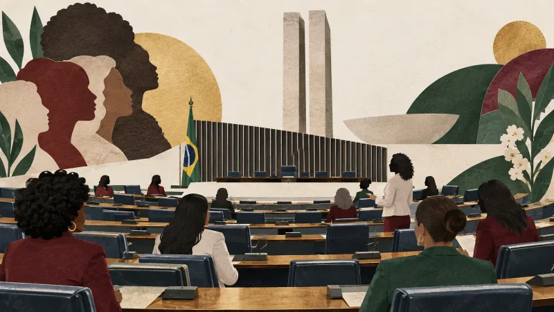 Colagem editorial com plenário do Senado e representação feminina