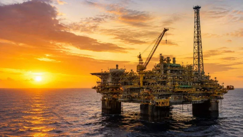 Plataforma de petróleo offshore em alto-mar durante o amanhecer.