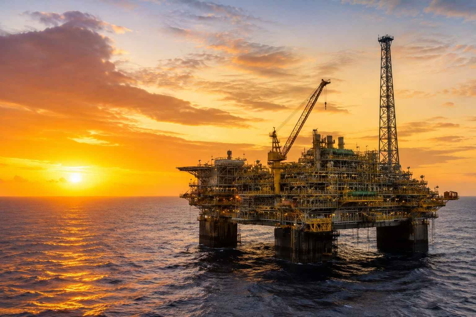 Plataforma de petróleo offshore em alto-mar durante o amanhecer.