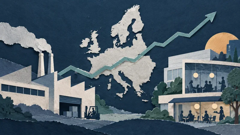 Colagem ilustrativa de mapa da Europa, indústria e serviços para o PMI da zona do euro