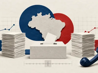 Colagem editorial com urna, mapa do Brasil, telefone e duas pilhas equilibradas de cédulas