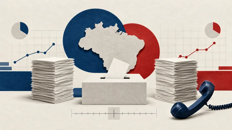 Colagem editorial com urna, mapa do Brasil, telefone e duas pilhas equilibradas de cédulas
