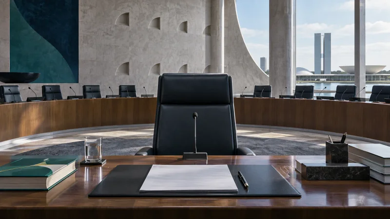 Cadeira central da Presidência diante do plenário vazio do STF