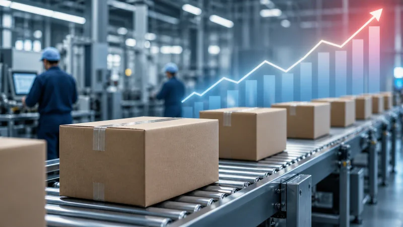 Caixas em linha de produção com gráfico de preços em alta representando a inflação ao produtor dos Estados Unidos