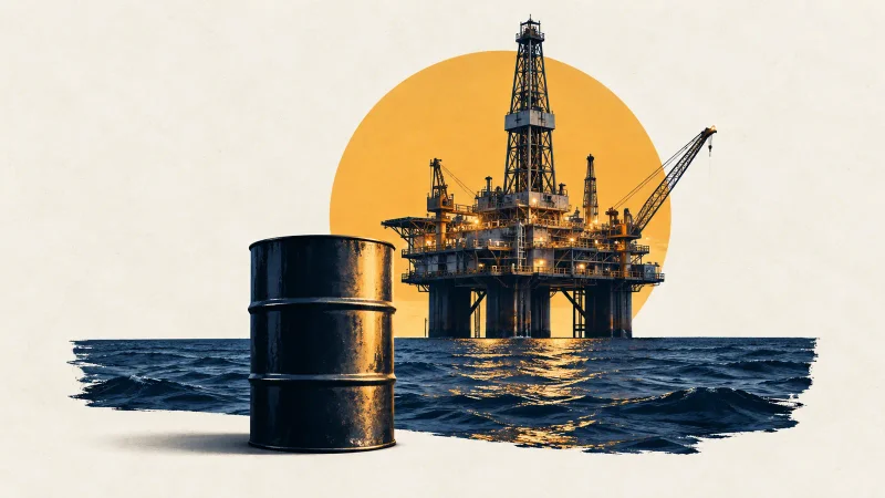 Colagem ilustrativa com plataforma marítima e barril de petróleo