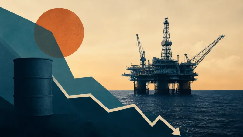 Colagem minimalista de plataforma de petróleo no mar e linha de produção em queda