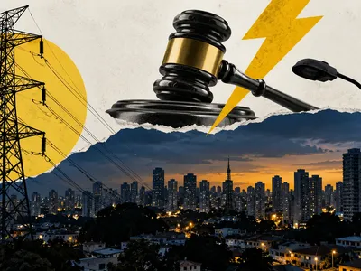 Colagem editorial com rede elétrica, cidade de São Paulo e martelo de decisão