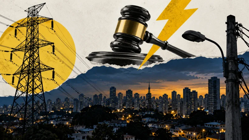 Colagem editorial com rede elétrica, cidade de São Paulo e martelo de decisão