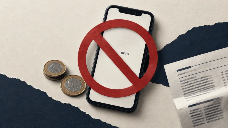Colagem com celular, símbolo de proibição, moedas e documento representa a mudança nas regras das bets no Brasil