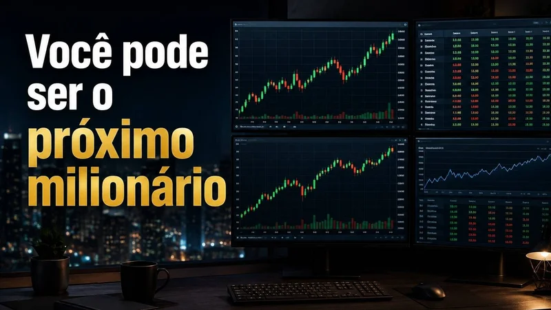 Monitores com gráficos de candlestick e cotações em ambiente de home broker, com a frase “Você pode ser o próximo milionário”.