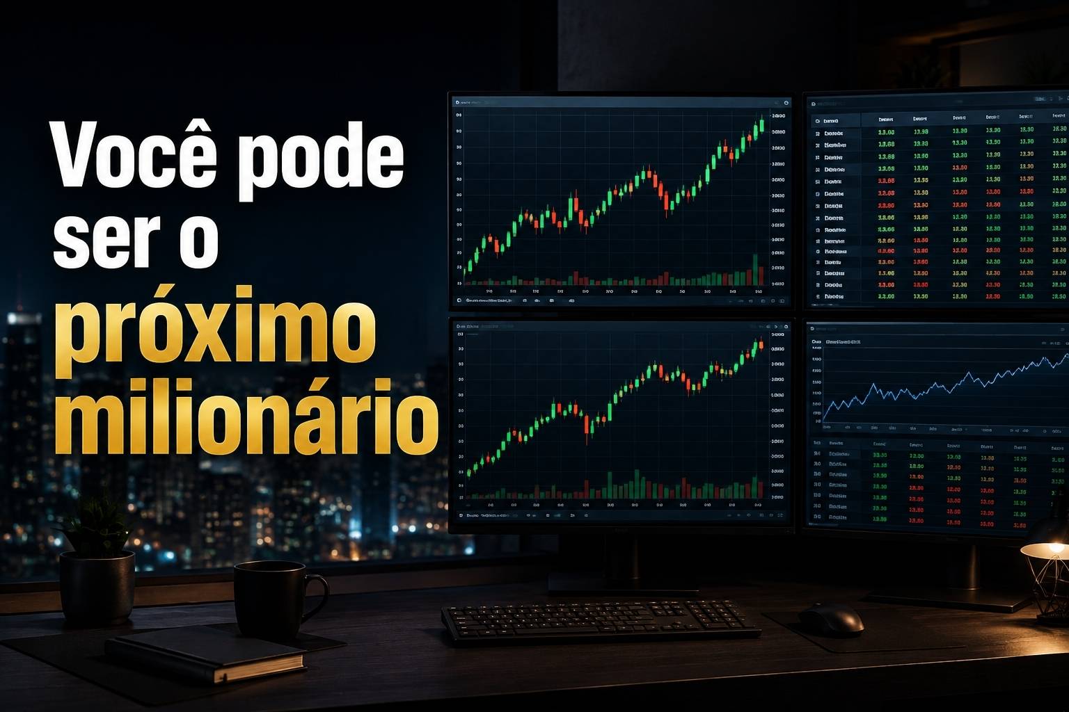 Monitores com gráficos de candlestick e cotações em ambiente de home broker, com a frase “Você pode ser o próximo milionário”.
