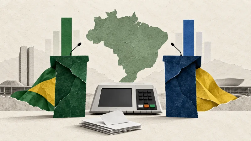 Colagem editorial com urna eletrônica, mapa do Brasil e duas colunas equilibradas representando empate técnico