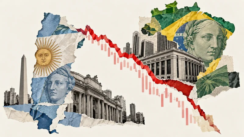 Colagem minimalista com mapas do Brasil e da Argentina ligados por gráfico em queda