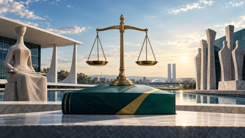 Balança da Justiça sobre livro constitucional diante de edifícios institucionais em Brasília