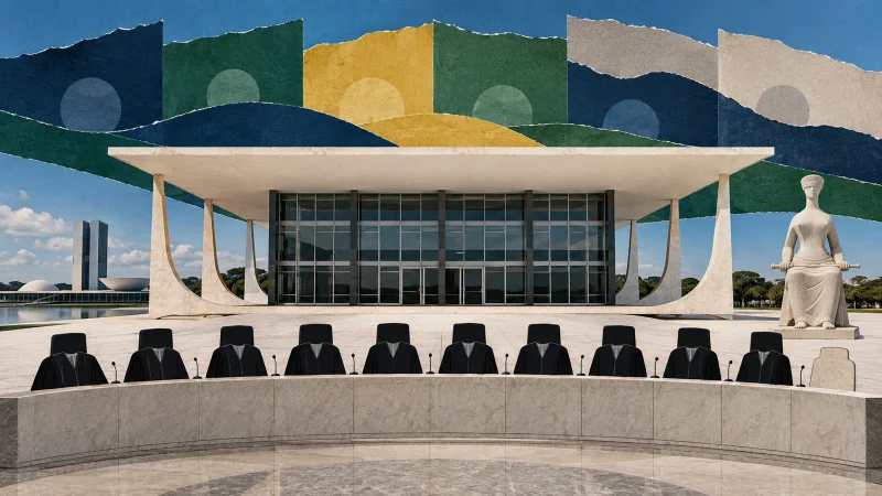 Colagem editorial mostra o edifício do STF, dez cadeiras ocupadas e uma vaga na composição atual