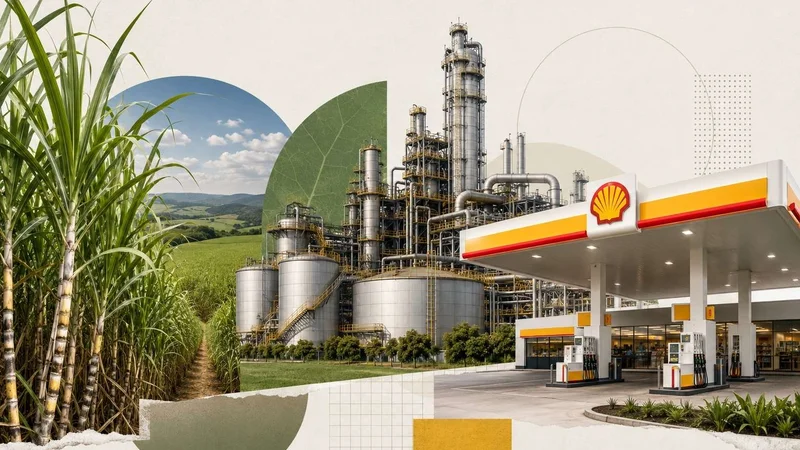 Colagem com canavial, usina de etanol e posto Shell, representando a operação da Raízen no setor de energia e combustíveis.