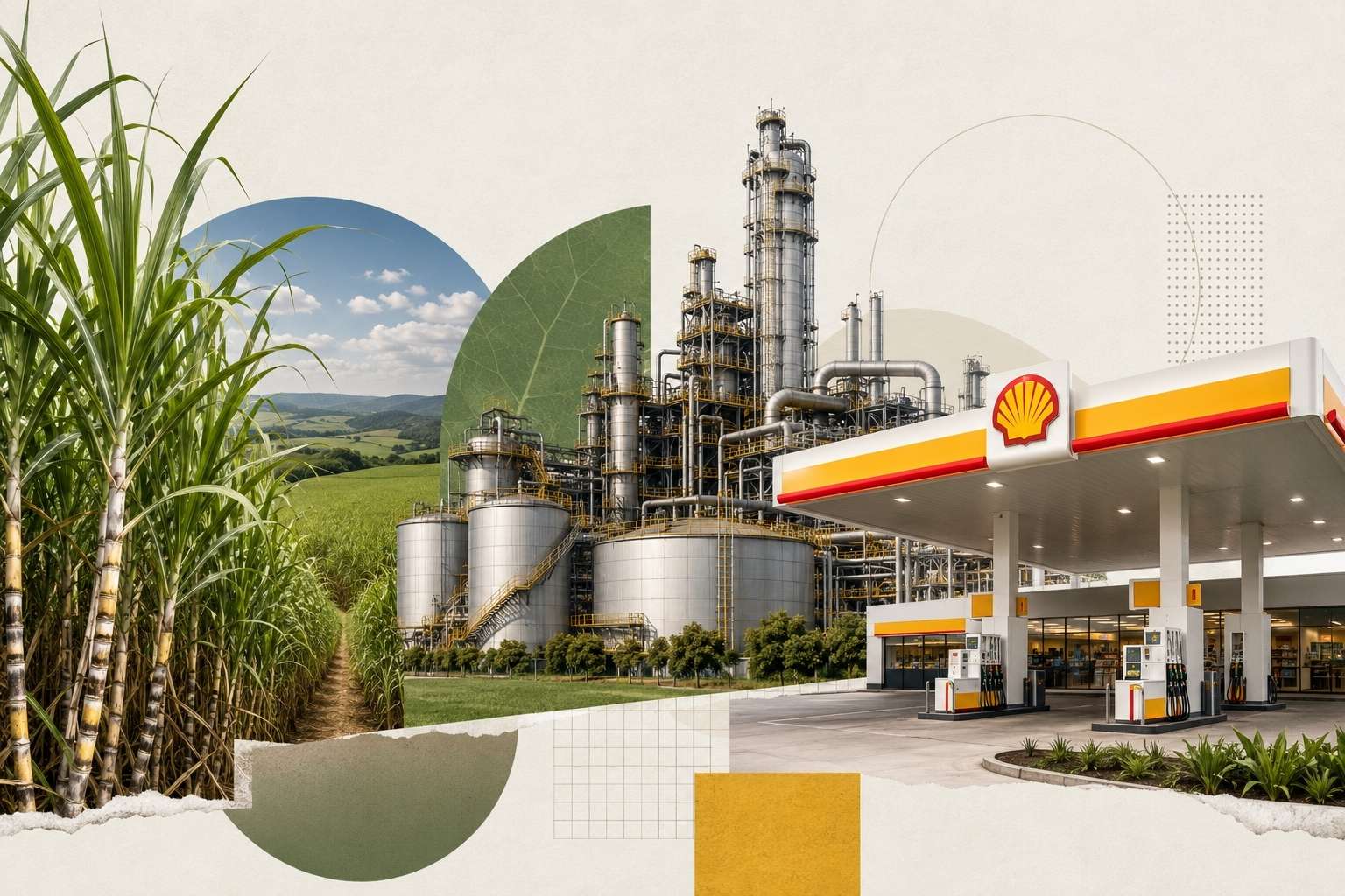 Colagem com canavial, usina de etanol e posto Shell, representando a operação da Raízen no setor de energia e combustíveis.