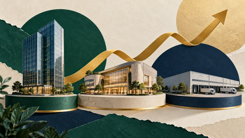Colagem clean com escritório, shopping, galpão e gráfico ascendente
