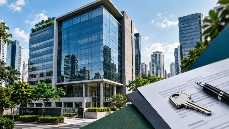 Edifício corporativo e contrato com chave representando venda imobiliária realizada pelo RBRP11