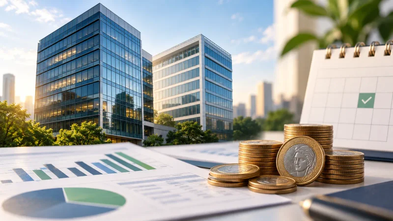 Edifícios, moedas e calendário representam o pagamento de dividendos de fundos imobiliários