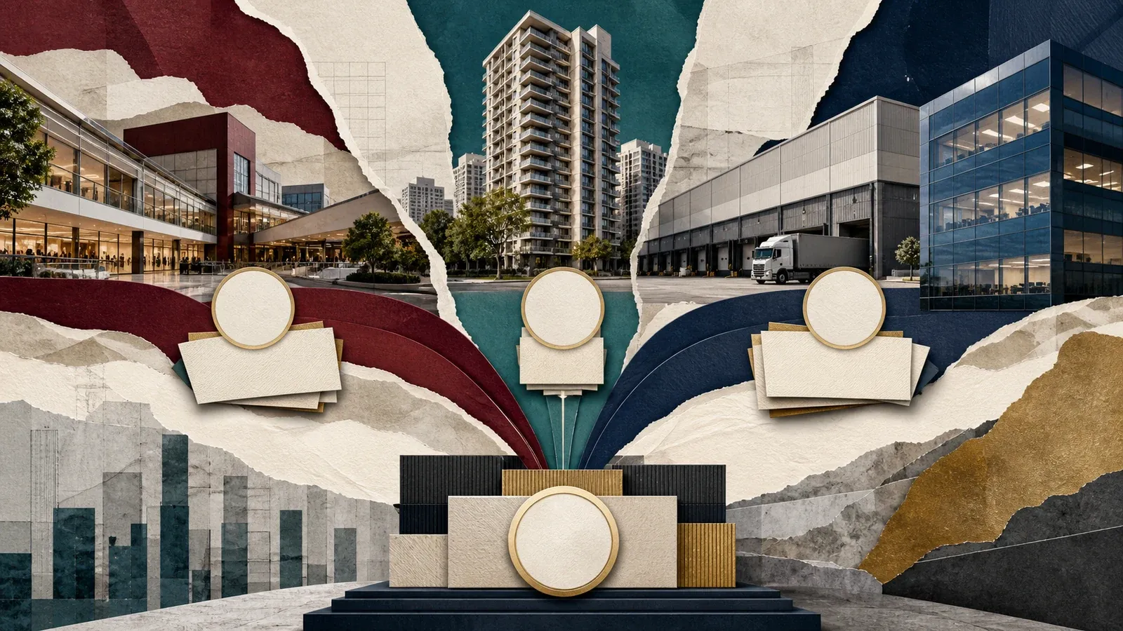 Colagem editorial com imóveis diversificados e consolidação da carteira do RBRX11