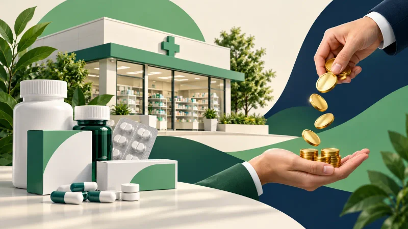 Colagem clean com farmácia, medicamentos e moedas para acionistas