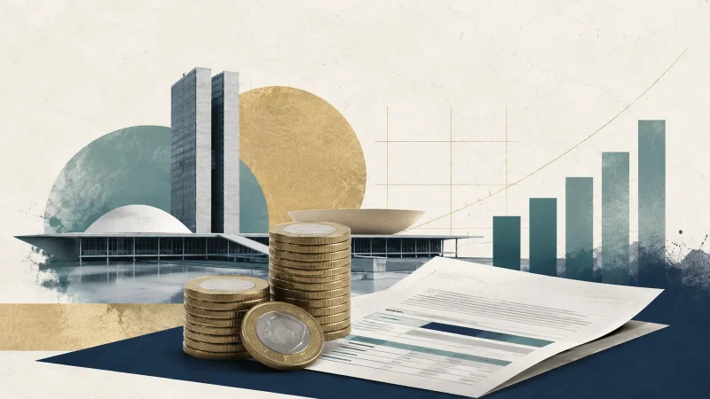 Colagem minimalista com edifício público, moedas, documento fiscal e gráfico de receitas do governo