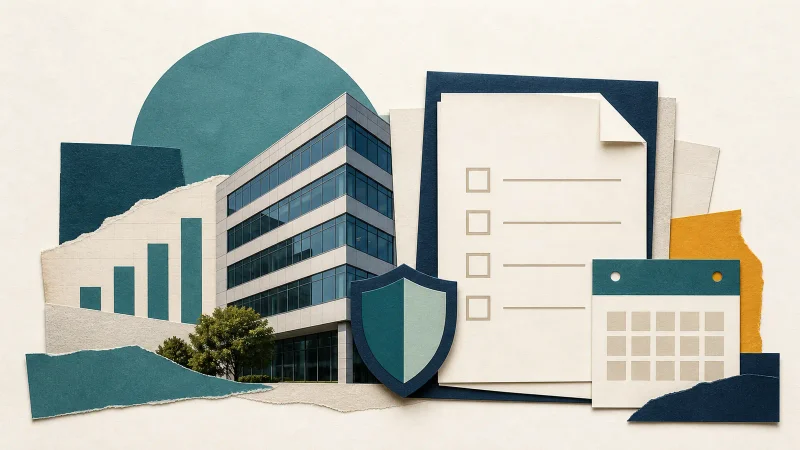 Prédio empresarial, documentos, escudo e calendário representam as novas regras de benefícios fiscais