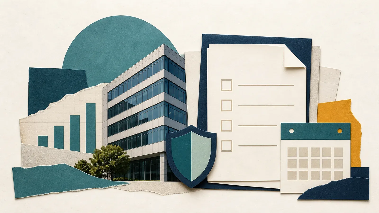Prédio empresarial, documentos, escudo e calendário representam as novas regras de benefícios fiscais