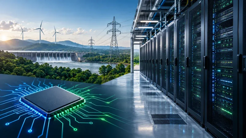 Colagem com servidores, chip, linhas de transmissão e fontes de energia renovável