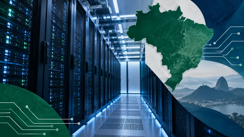 Corredor de servidores com mapa do Brasil e circuitos representando os incentivos do Redata para data centers