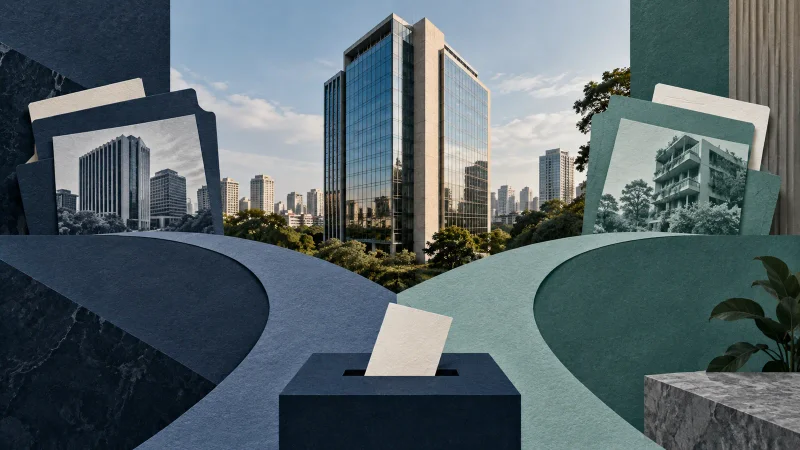 Colagem editorial de edifício e caminhos divergentes ilustrando propostas para o fundo imobiliário REME11