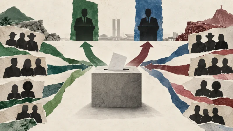 Colagem editorial com urna, dois caminhos e grupos políticos divididos
