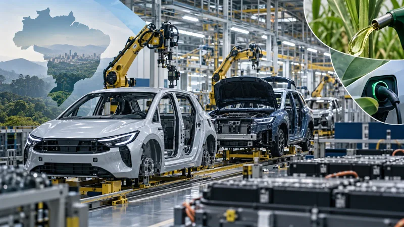 Linha de montagem de veículos elétricos e híbridos em fábrica moderna no Brasil