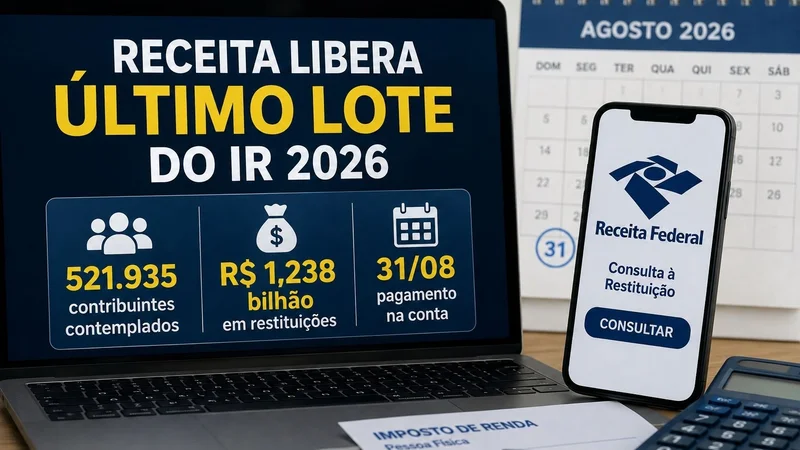 Receita libera consulta ao quarto lote da restituição do IR 2026. São 521.935 contribuintes e R$ 1,238 bilhão, com pagamento em 31 de agosto.