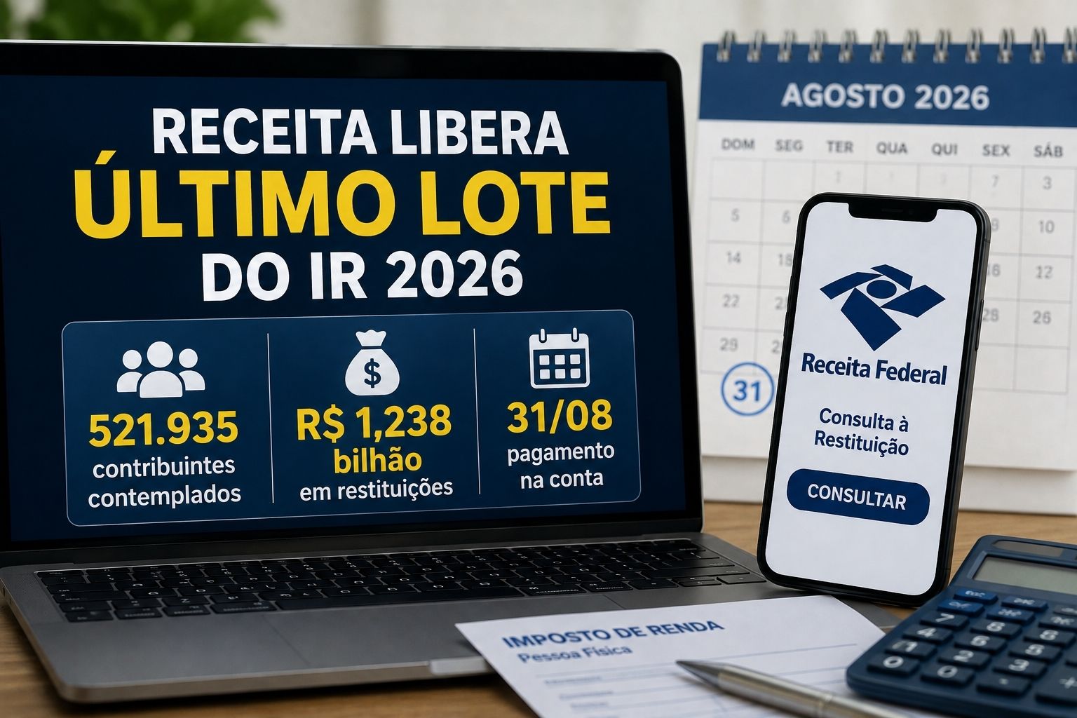 Receita libera consulta ao quarto lote da restituição do IR 2026. São 521.935 contribuintes e R$ 1,238 bilhão, com pagamento em 31 de agosto.