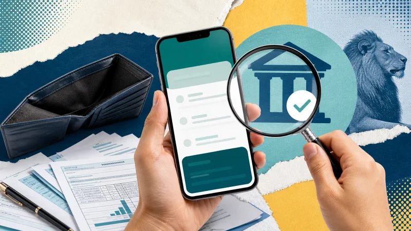 Colagem editorial com celular, carteira vazia, documentos e lupa sobre conta bancária