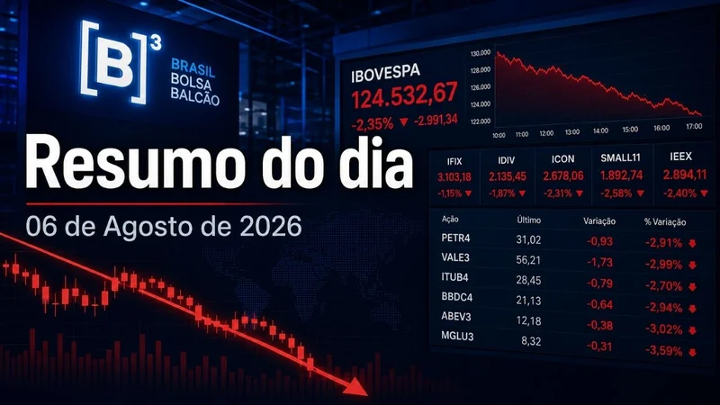 Painel da B3 com gráfico de queda e o título “Resumo do dia”, referente a 6 de agosto de 2026. 