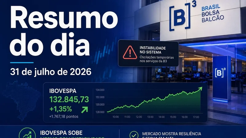 Arte do resumo do mercado de 31 de julho de 2026, com fachada da B3, alerta de instabilidade e gráfico do Ibovespa em alta.