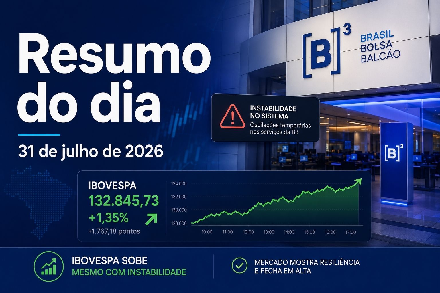 Arte do resumo do mercado de 31 de julho de 2026, com fachada da B3, alerta de instabilidade e gráfico do Ibovespa em alta.