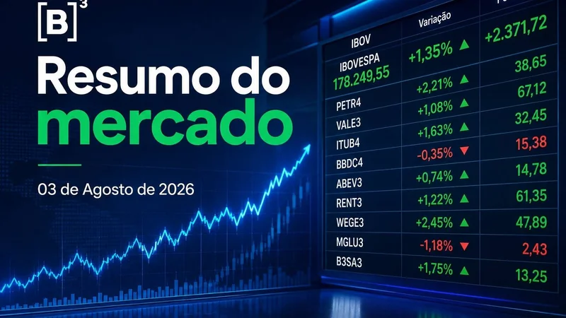 Painel da B3 com cotações de ações, gráfico em alta e o título “Resumo do mercado”, referente a 3 de agosto de 2026.