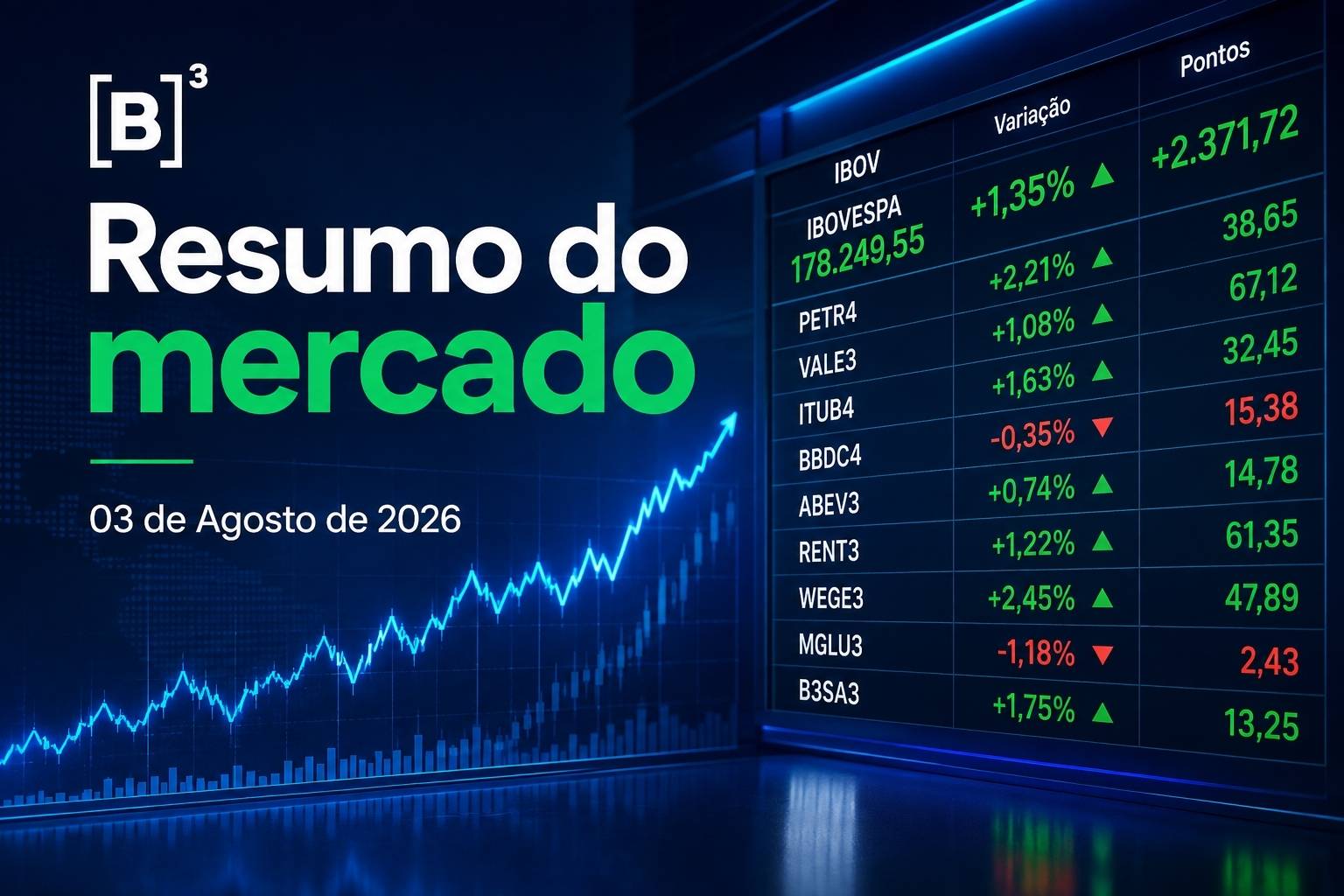 Painel da B3 com cotações de ações, gráfico em alta e o título “Resumo do mercado”, referente a 3 de agosto de 2026.