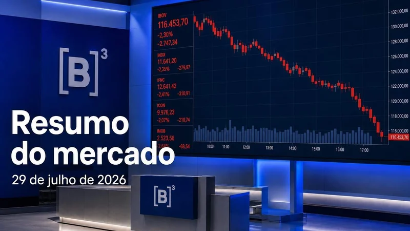 Painel da B3 com gráfico de queda e o título “Resumo do mercado”, referente a 29 de julho de 2026.