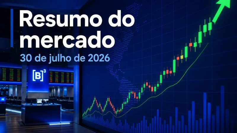 Painel da B3 com gráfico de alta e o título “Resumo do mercado”, referente a 30 de julho de 2026.